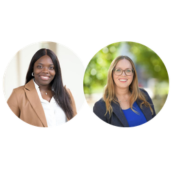 Double bubble headshot of Nennaya Akabogu, wearing a white shirt with tan blazer and Kate Dorff, wearing a blue shirt with grey blazer, both smiling